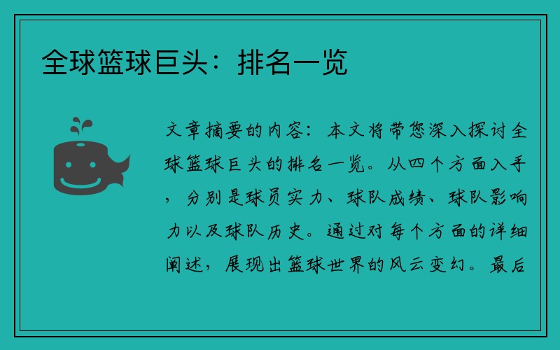 全球篮球巨头：排名一览