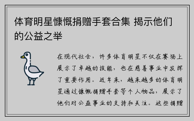 体育明星慷慨捐赠手套合集 揭示他们的公益之举