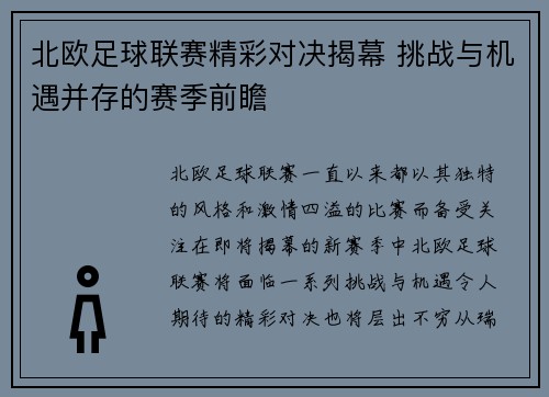 北欧足球联赛精彩对决揭幕 挑战与机遇并存的赛季前瞻